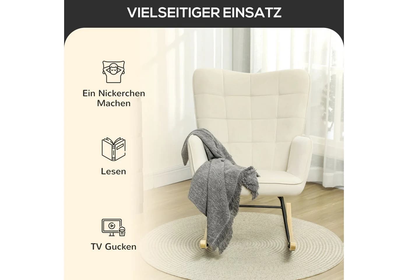 HOMCOM Schaukelstuhl Sessel Beige Samtoptik Armlehne Holzkufen - Bild 5