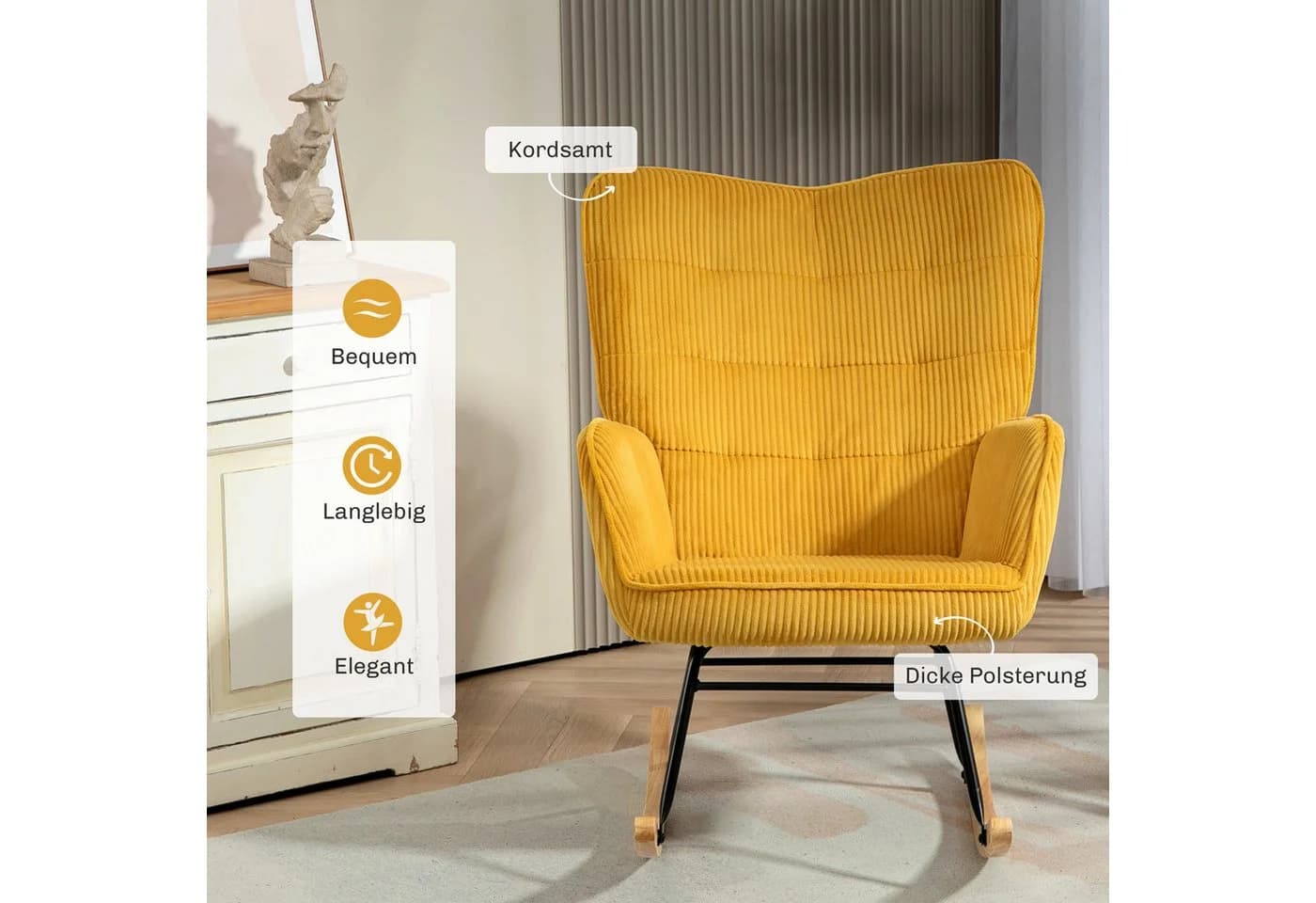 HOMCOM Schaukelstuhl Sessel mit Kord-Optik, Armlehne, Holzkufen, Gelb - Bild 5