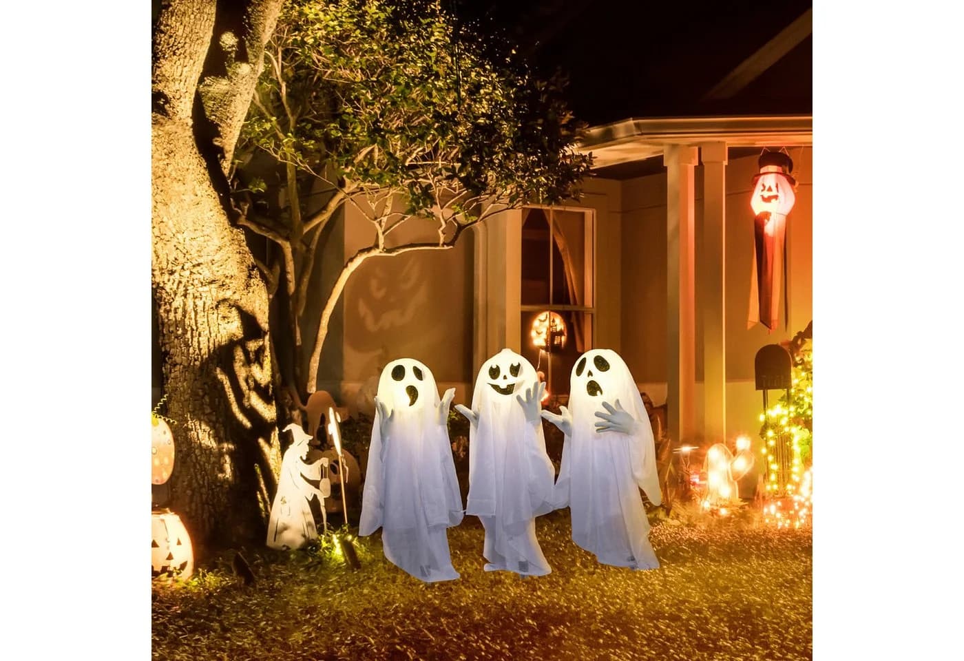 HOMCOM 3er-Set Halloween-Geister Dekofiguren mit LED-Beleuchtung Weiß - Bild 2