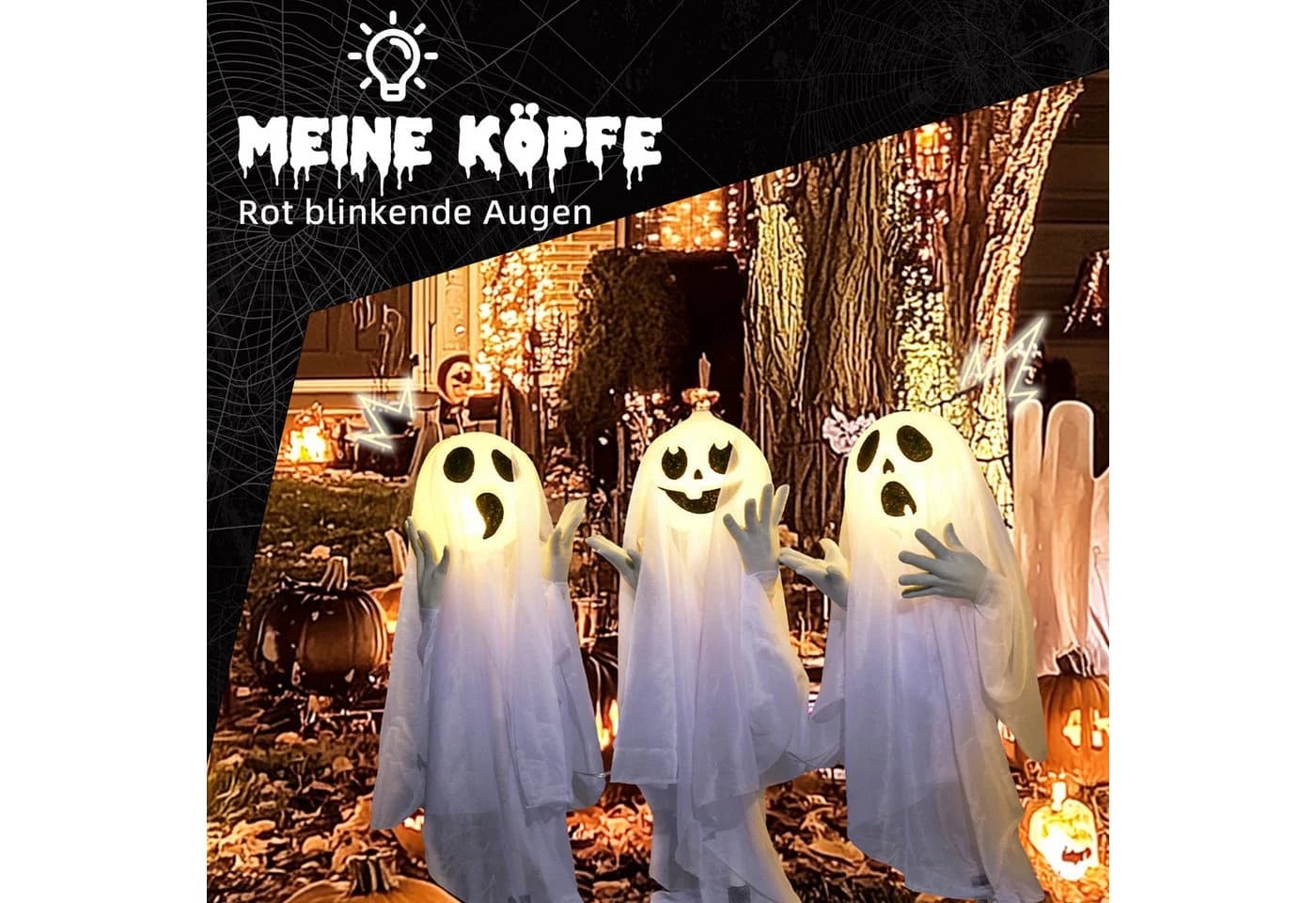 HOMCOM 3er-Set Halloween-Geister Dekofiguren mit LED-Beleuchtung Weiß - Bild 4