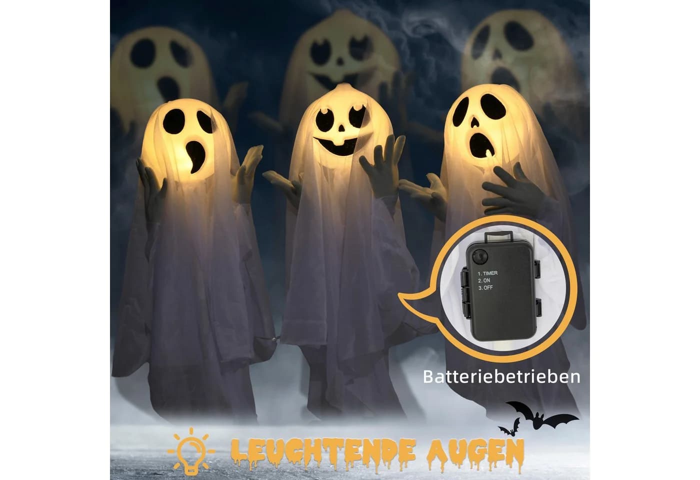 HOMCOM 3er-Set Halloween-Geister Dekofiguren mit LED-Beleuchtung Weiß - Bild 5