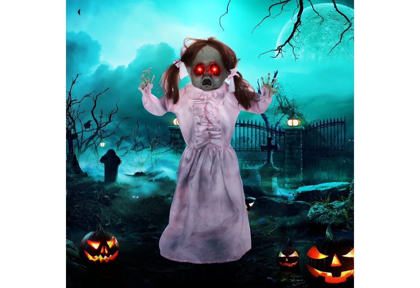 HOMCOM Animierte Halloween Dekofigur Geisterpuppe Rosa mit Leuchtenden Augen - Bild 2