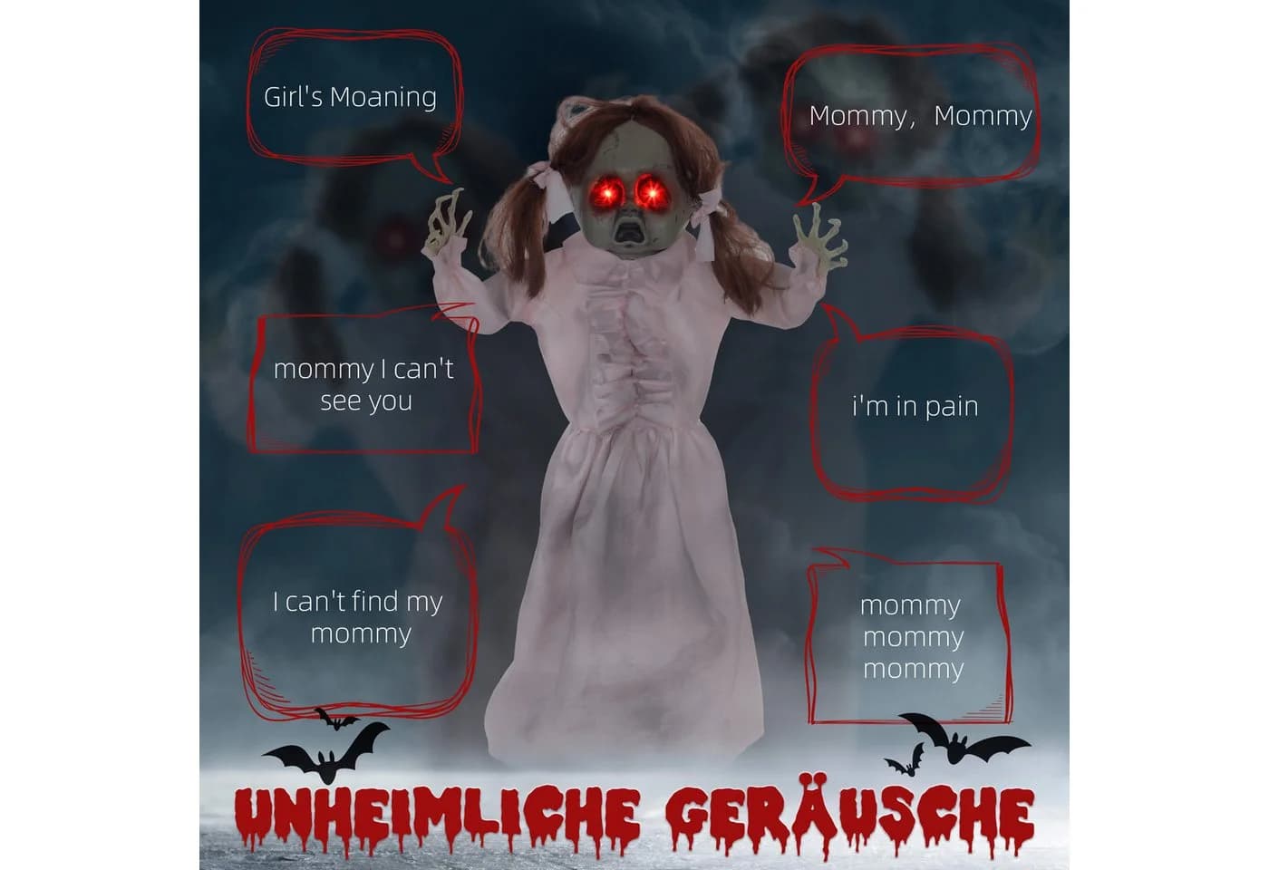 HOMCOM Animierte Halloween Dekofigur Geisterpuppe Rosa mit Leuchtenden Augen - Bild 4