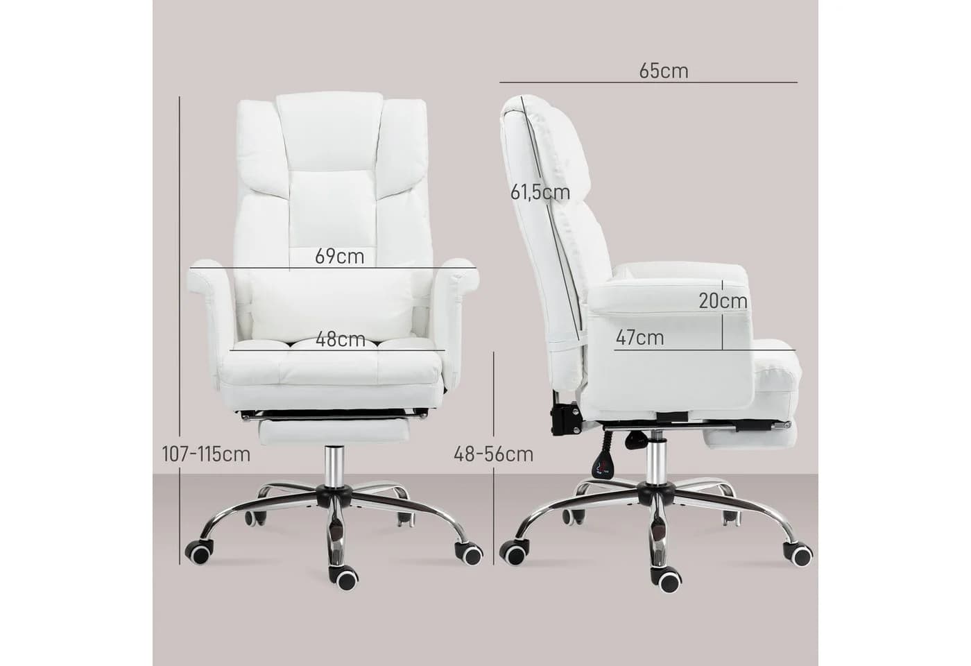 HOMCOM Ergonomischer Bürostuhl Weiß mit Liegefunktion und Lendenkissen - Bild 3