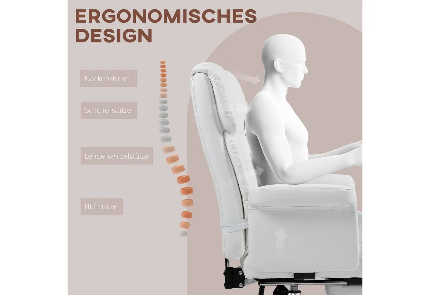 HOMCOM Ergonomischer Bürostuhl Weiß mit Liegefunktion und Lendenkissen - Bild 4