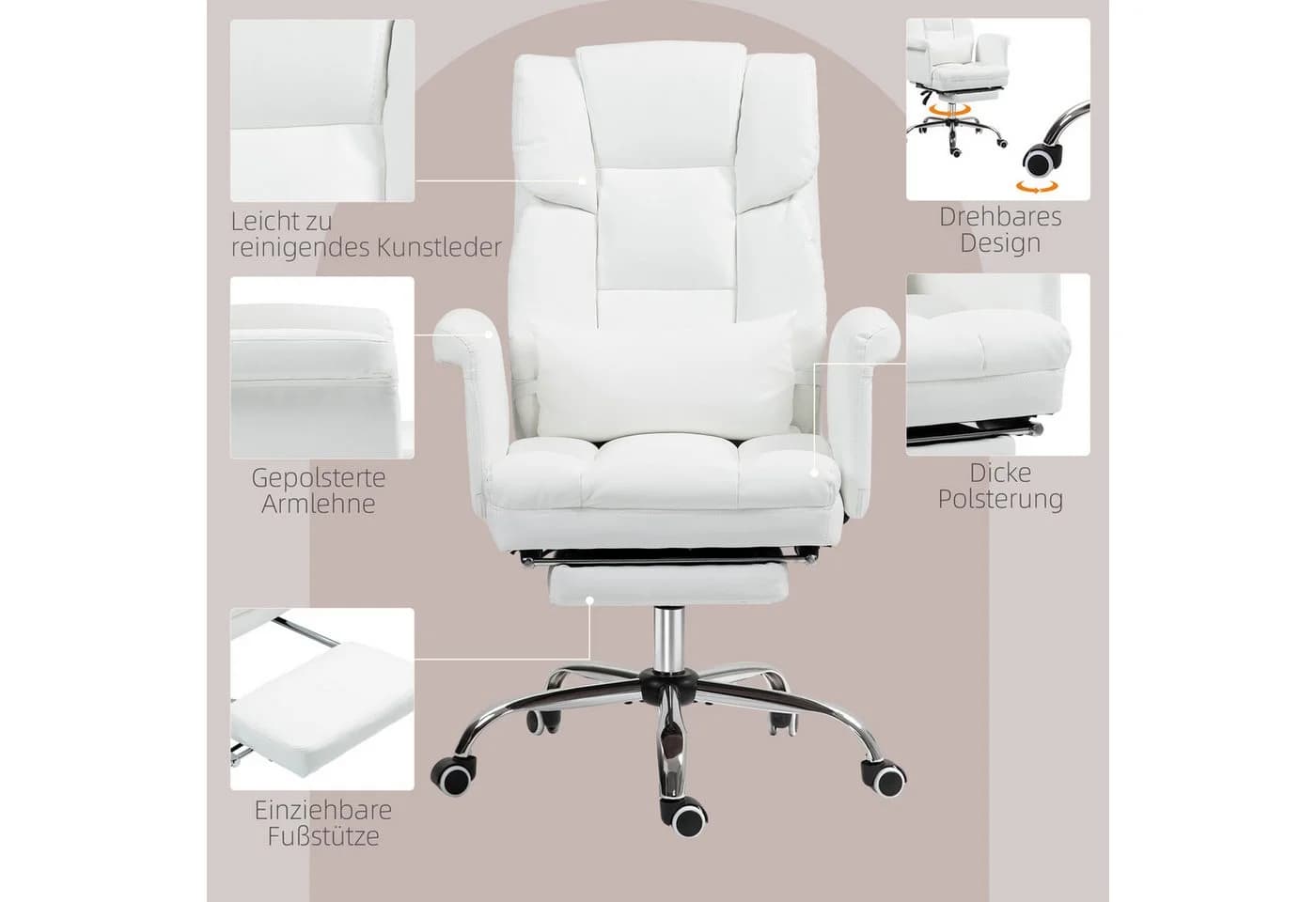HOMCOM Ergonomischer Bürostuhl Weiß mit Liegefunktion und Lendenkissen - Bild 5