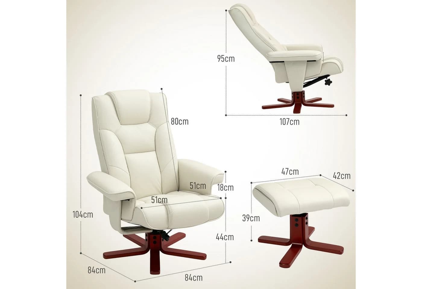 HOMCOM Relaxsessel mit Hocker Kunstleder Cremeweiß - Bild 3
