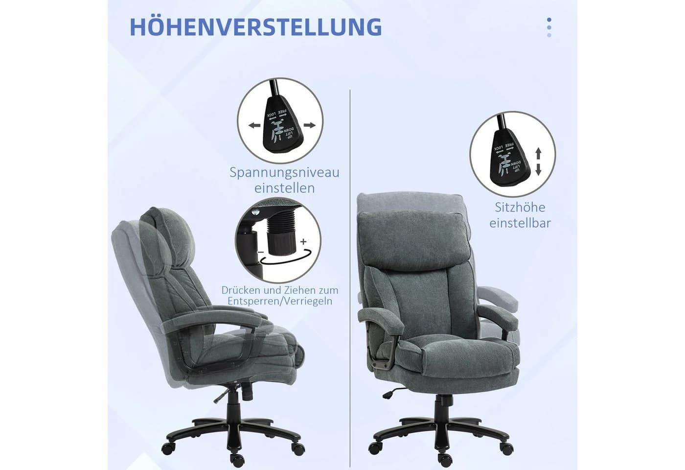 HOMCOM Bürostuhl Grau mit Wippfunktion & 200 kg Belastbarkeit - Bild 5