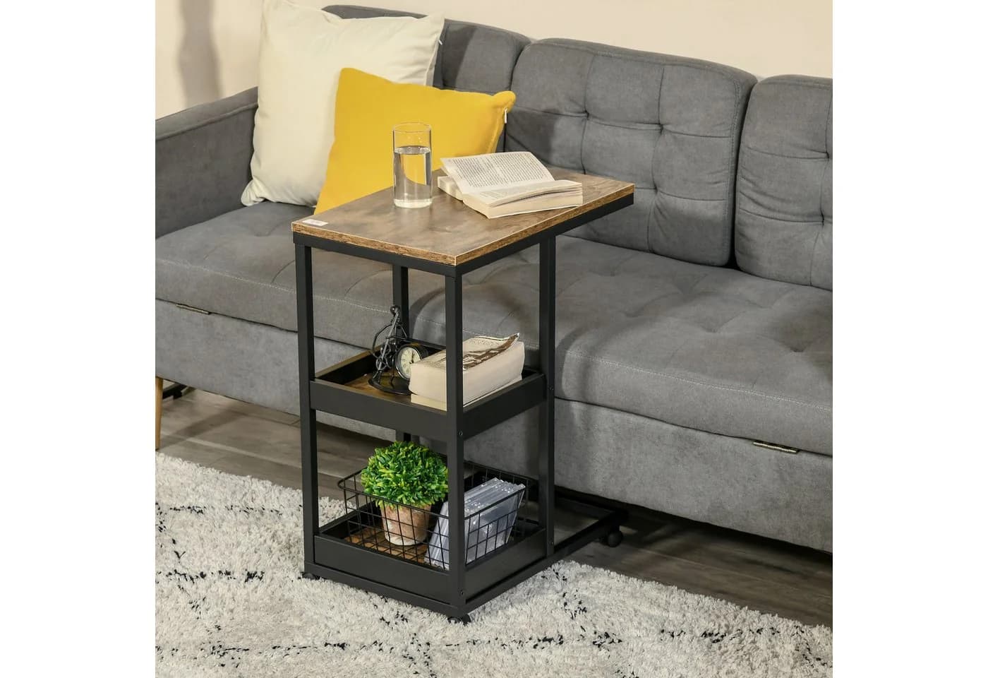 HOMCOM Beistelltisch Sofatisch mit Rollen, Ablage, Dunkelbraun - Bild 2