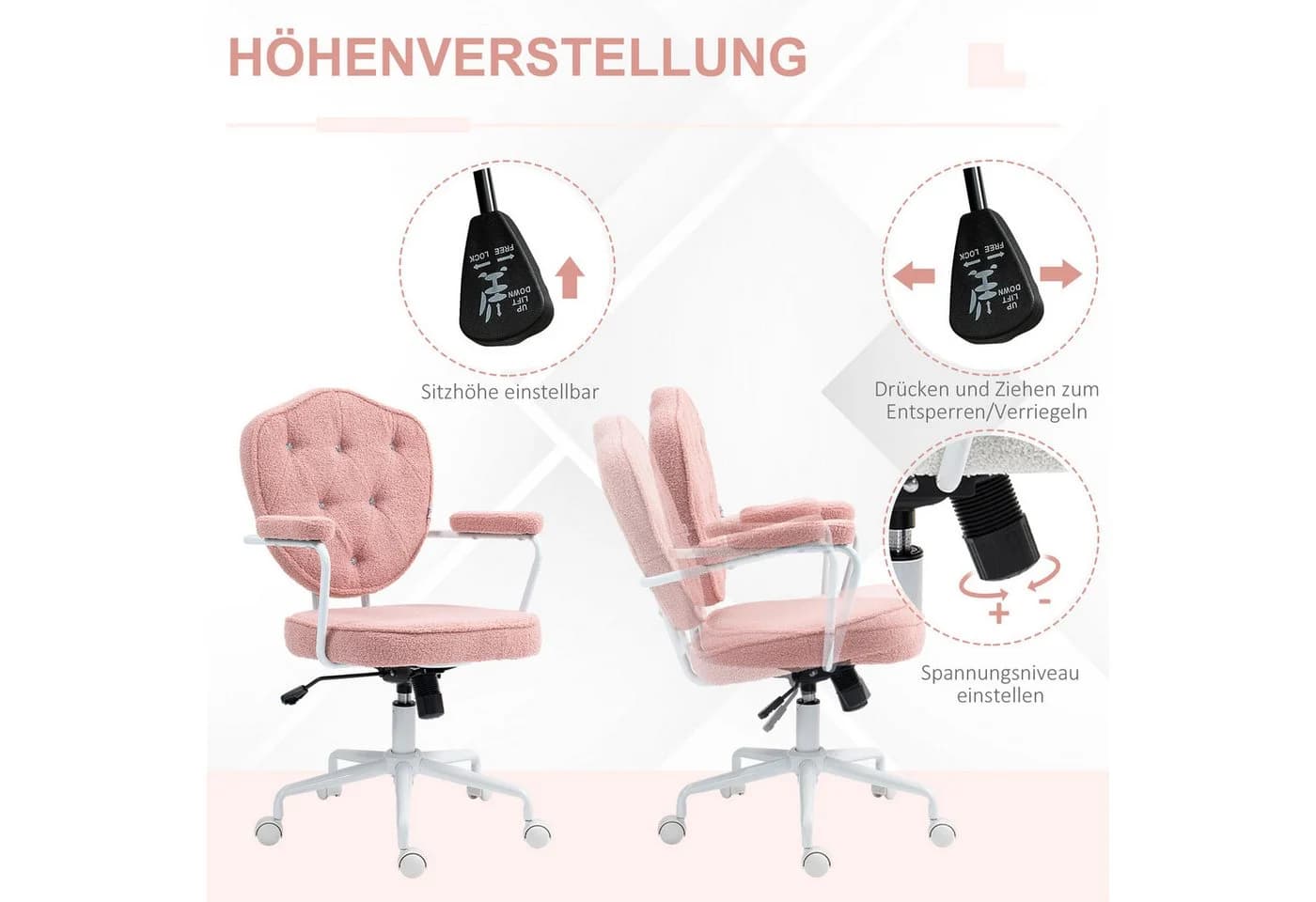 HOMCOM Bürostuhl Ergonomisch Rosa mit Wippfunktion und Knopfheftung - Bild 5