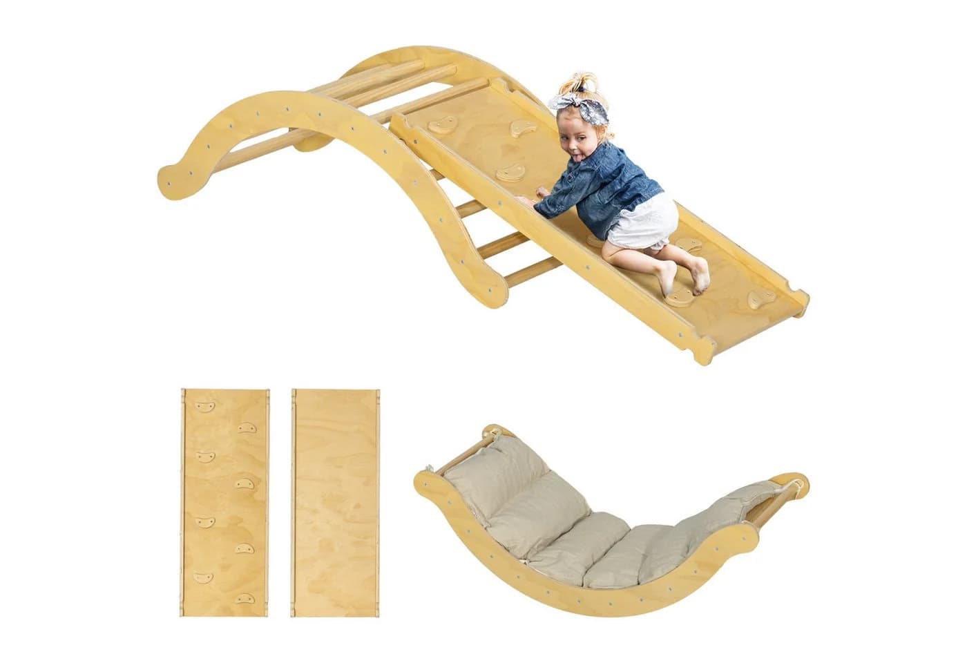AIYAPLAY Klettergerüst 4-in-1 Set mit Rutsche und Schaukel aus Holz