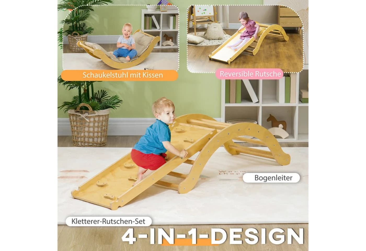 AIYAPLAY Klettergerüst 4-in-1 Set mit Rutsche und Schaukel aus Holz - Bild 4