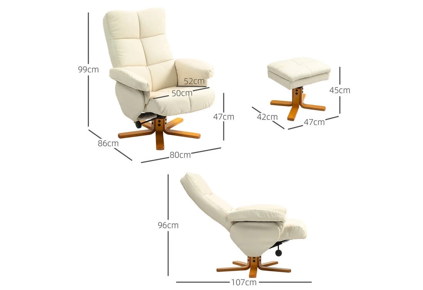 HOMCOM Relaxsessel mit Hocker und Stauraum, Cremeweiß, Kunstleder - Bild 3