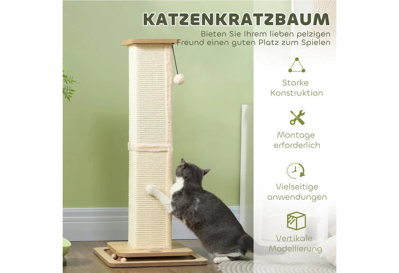 PawHut Kratzbaum mit Sisal, Drehschiene und Spielball, Eiche/Cremeweiß - Bild 5