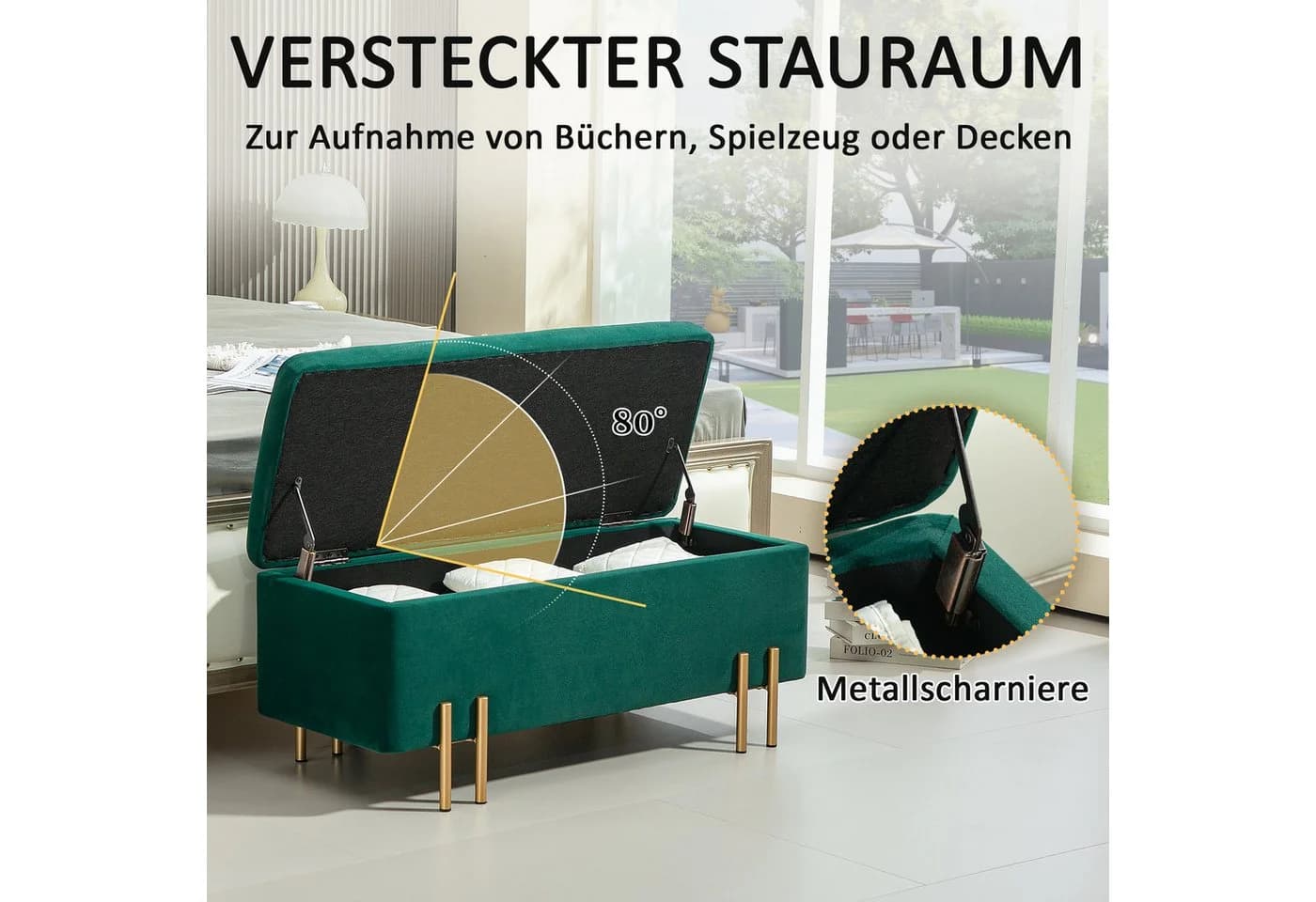 HOMCOM Sitzbank mit Stauraum Grün Samt Metall - Bild 4