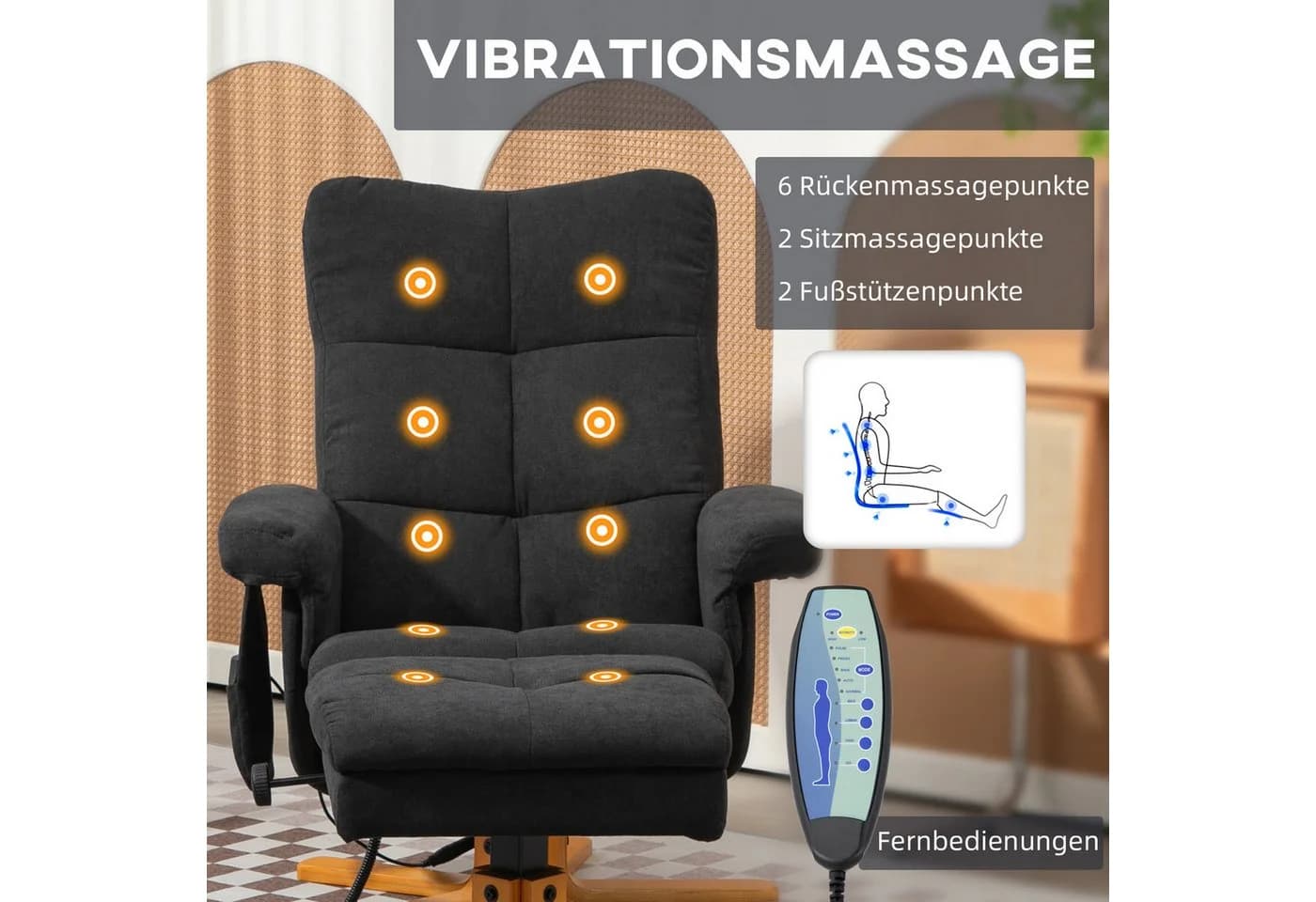 HOMCOM Massagesessel mit Fußhocker und Liegefunktion Schwarz - Bild 4