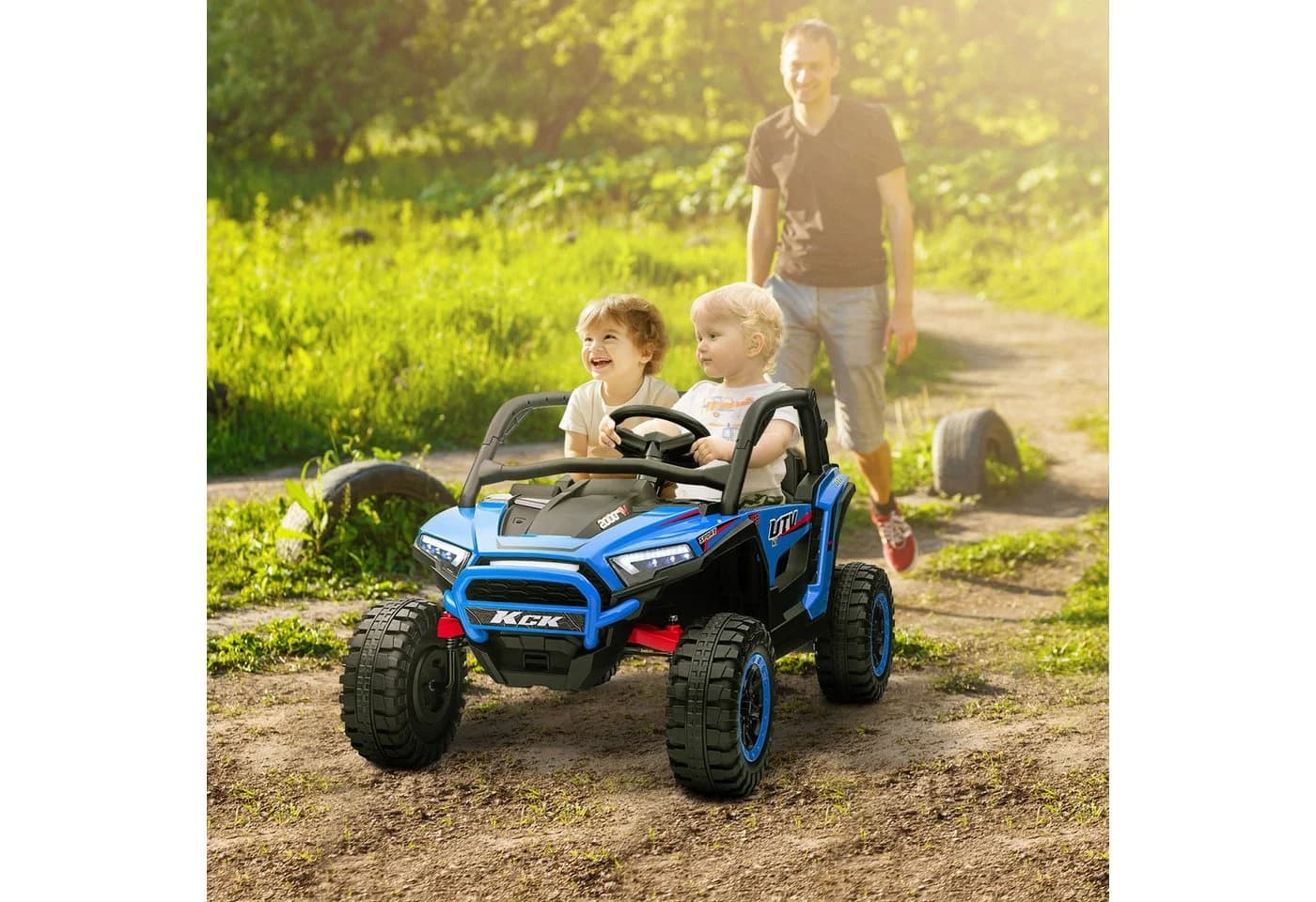AIYAPLAY Elektro-Kinderauto mit Musikanschluss, 2,4G Fernbedienung, Scheinwerfer, Hupe, 5-7 km/h, Belastbarkeit 50 kg, Blau