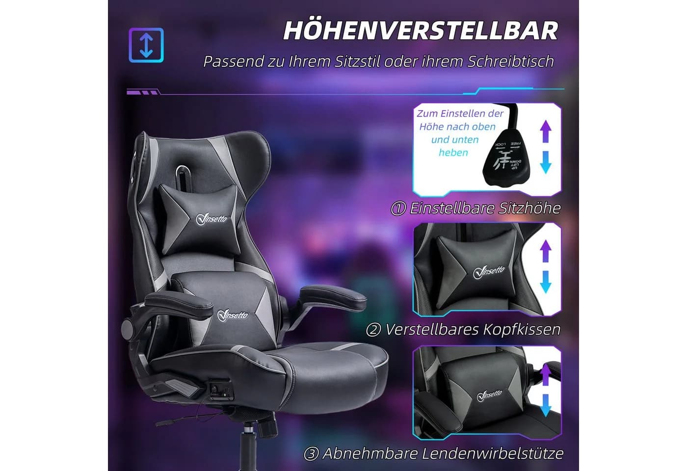 Vinsetto Gamingstuhl mit Bluetooth-Lautsprechern Grau/Schwarz - Bild 5