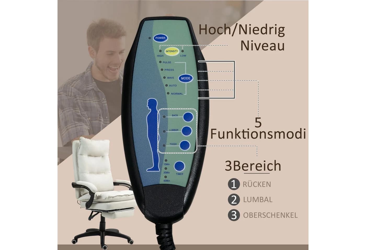 Vinsetto Bürostuhl mit Massagefunktion und Liegefunktion Cremeweiß - Bild 4
