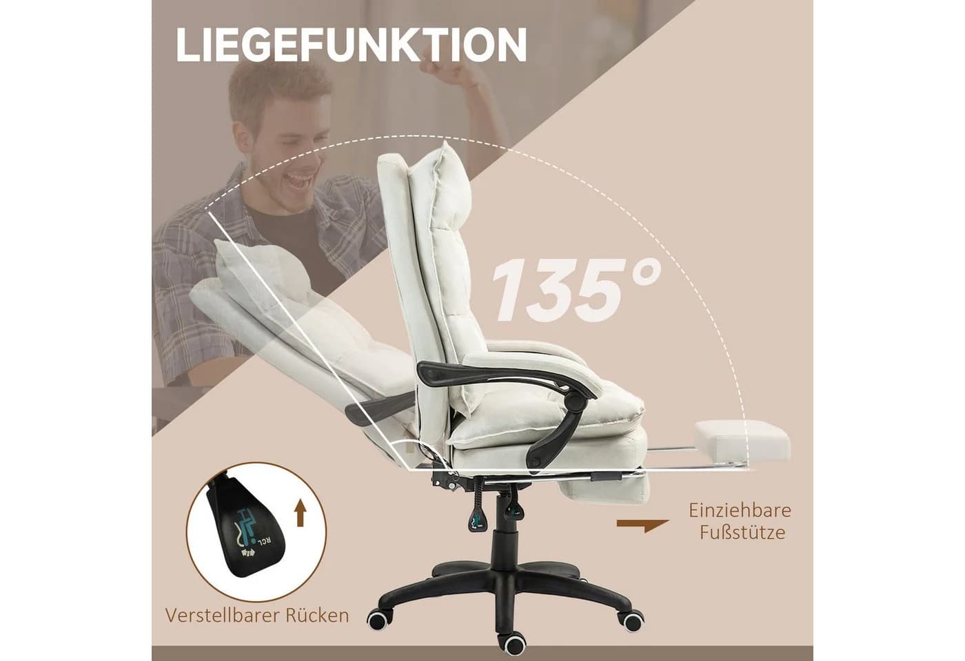 Vinsetto Bürostuhl mit Massagefunktion und Liegefunktion Cremeweiß - Bild 5