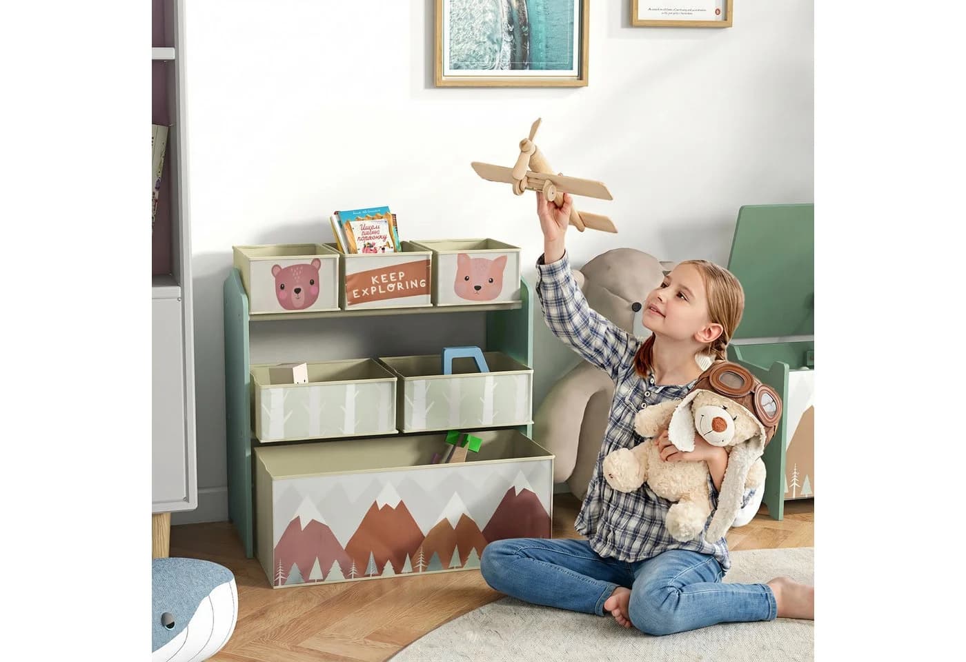 ZONEKIZ Kinderregal Bücherregal Grün 6 Fächer