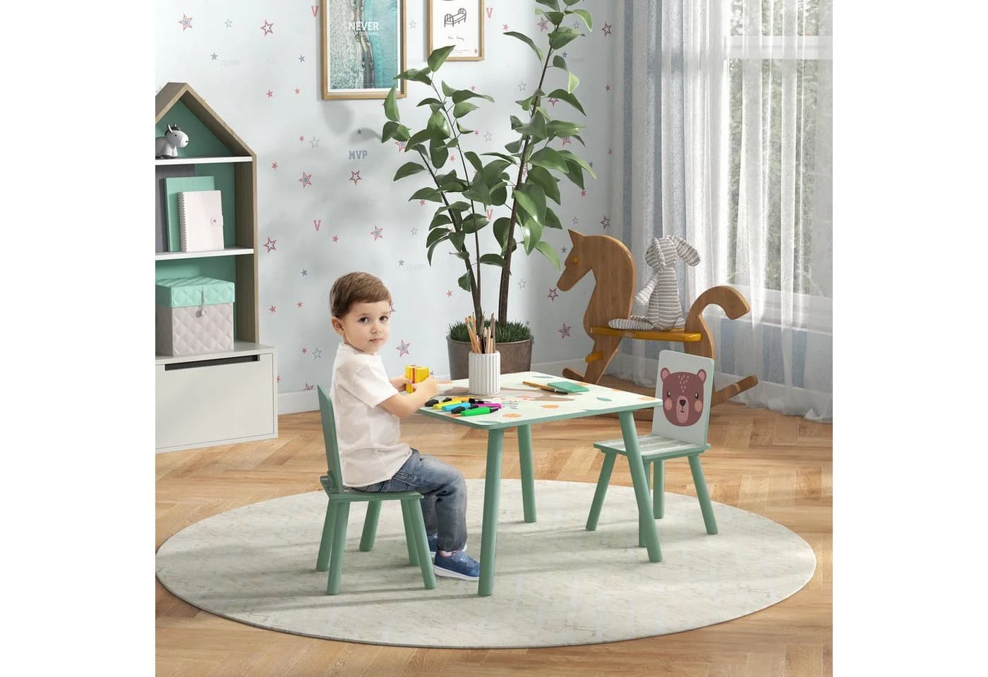 ZONEKIZ Kindersitzgruppe 3-tlg. Grün Bunt Kindertisch mit 2 Stühlen - Bild 2