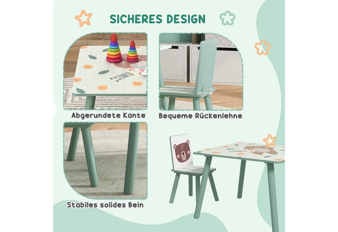 ZONEKIZ Kindersitzgruppe 3-tlg. Grün Bunt Kindertisch mit 2 Stühlen - Bild 5