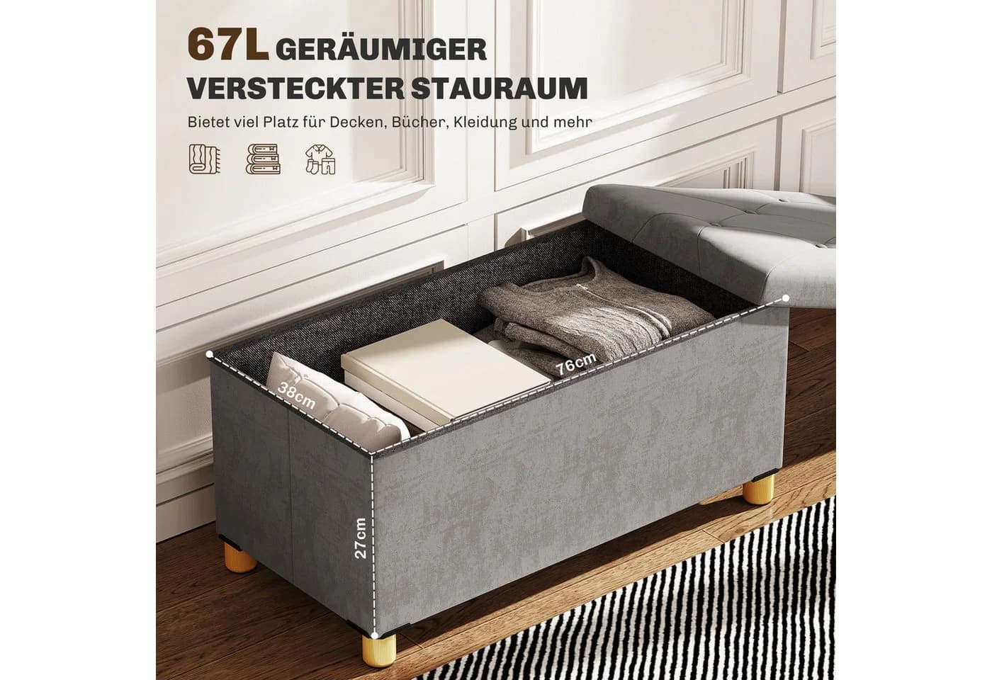 HOMCOM Sitztruhe Grau Faltbar Samt Stauraum - Bild 4