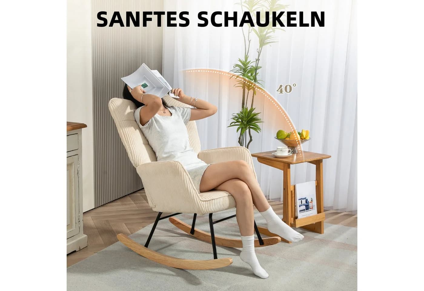 HOMCOM Schaukelstuhl Sessel Beige Buchenholz Polsterstuhl - Bild 4