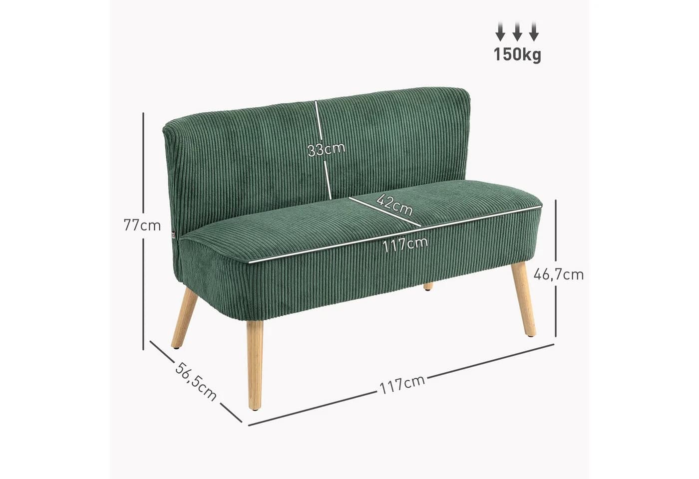 HOMCOM 2-Sitzer Sofa Grün Cord-Optik Holzbeine - Bild 3