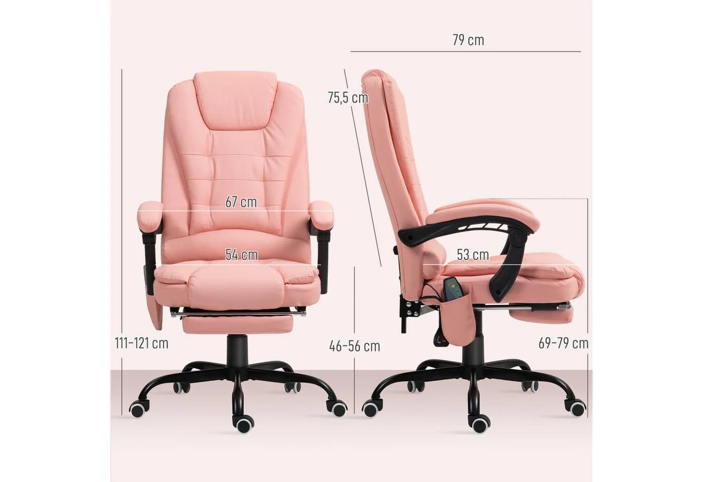 Vinsetto Massage-Bürostuhl Rosa mit Liegefunktion und Fernbedienung - Bild 3