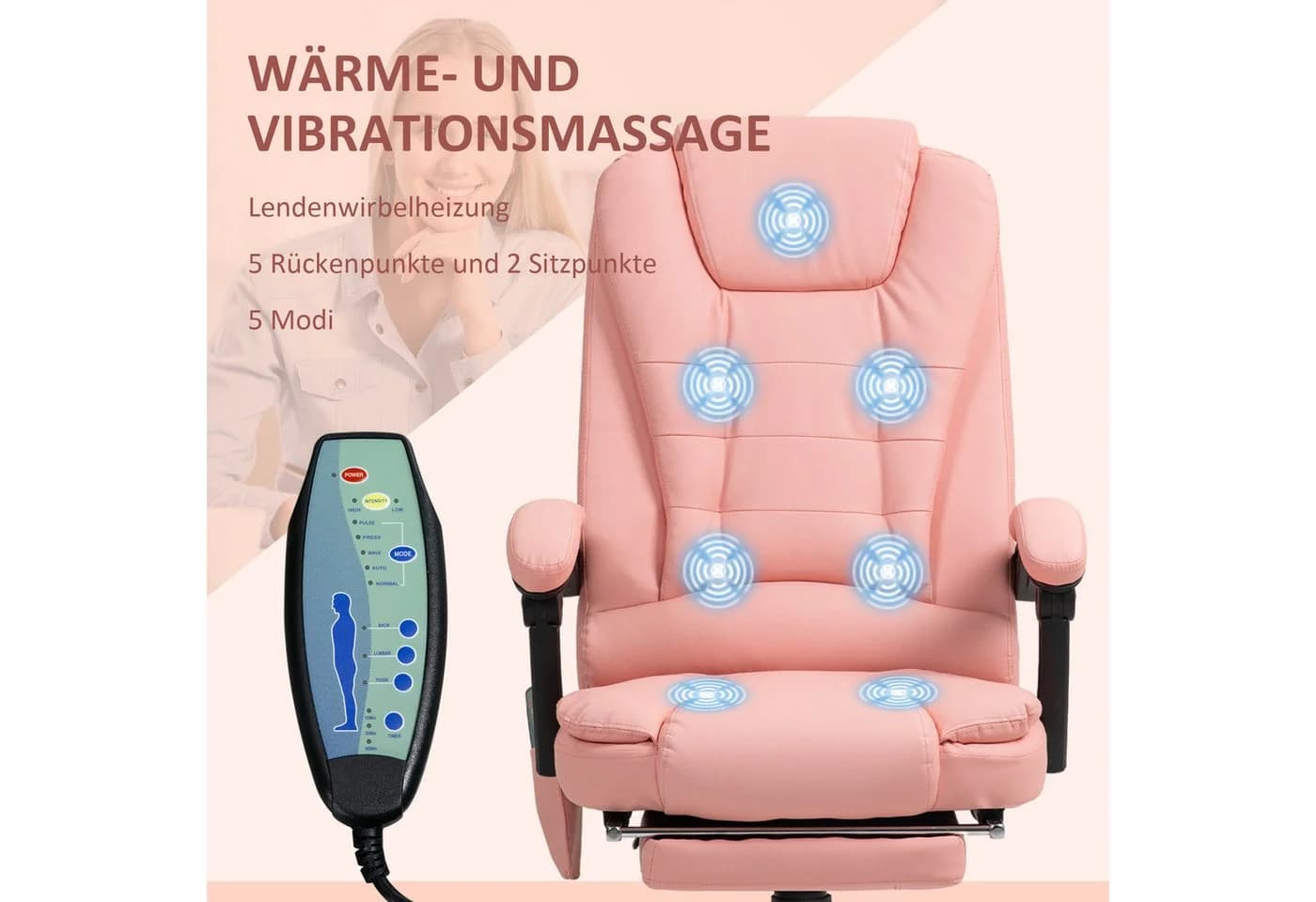 Vinsetto Massage-Bürostuhl Rosa mit Liegefunktion und Fernbedienung - Bild 4