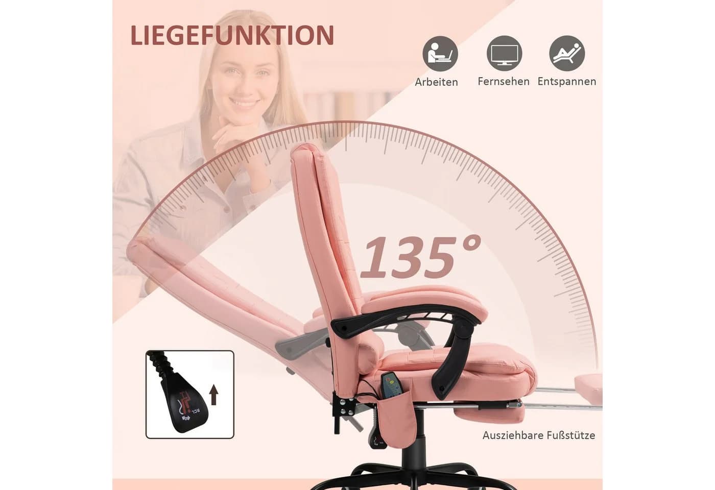 Vinsetto Massage-Bürostuhl Rosa mit Liegefunktion und Fernbedienung - Bild 5