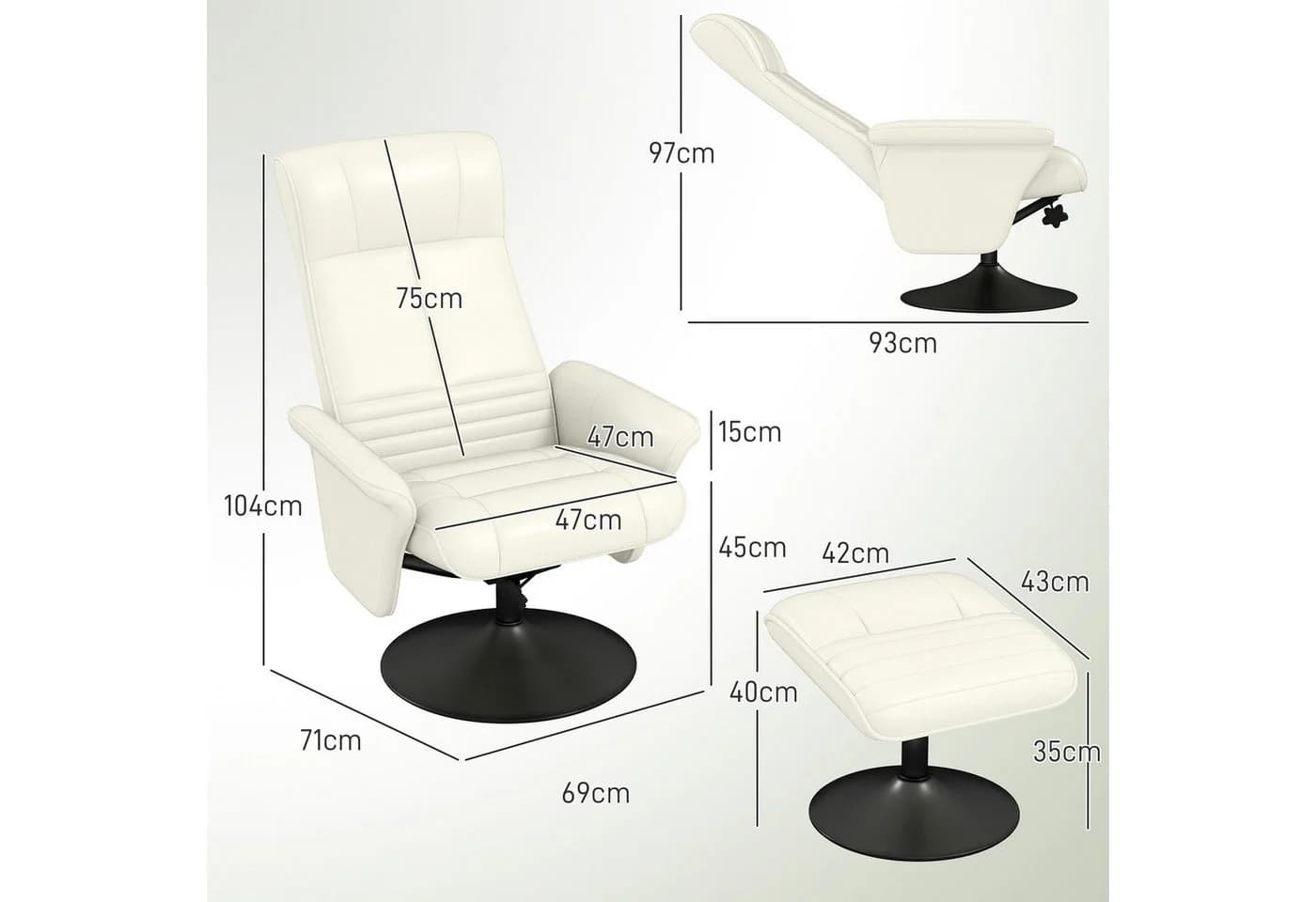 HOMCOM Relaxsessel mit Fußhocker Verstellbar Cremeweiß - Bild 3