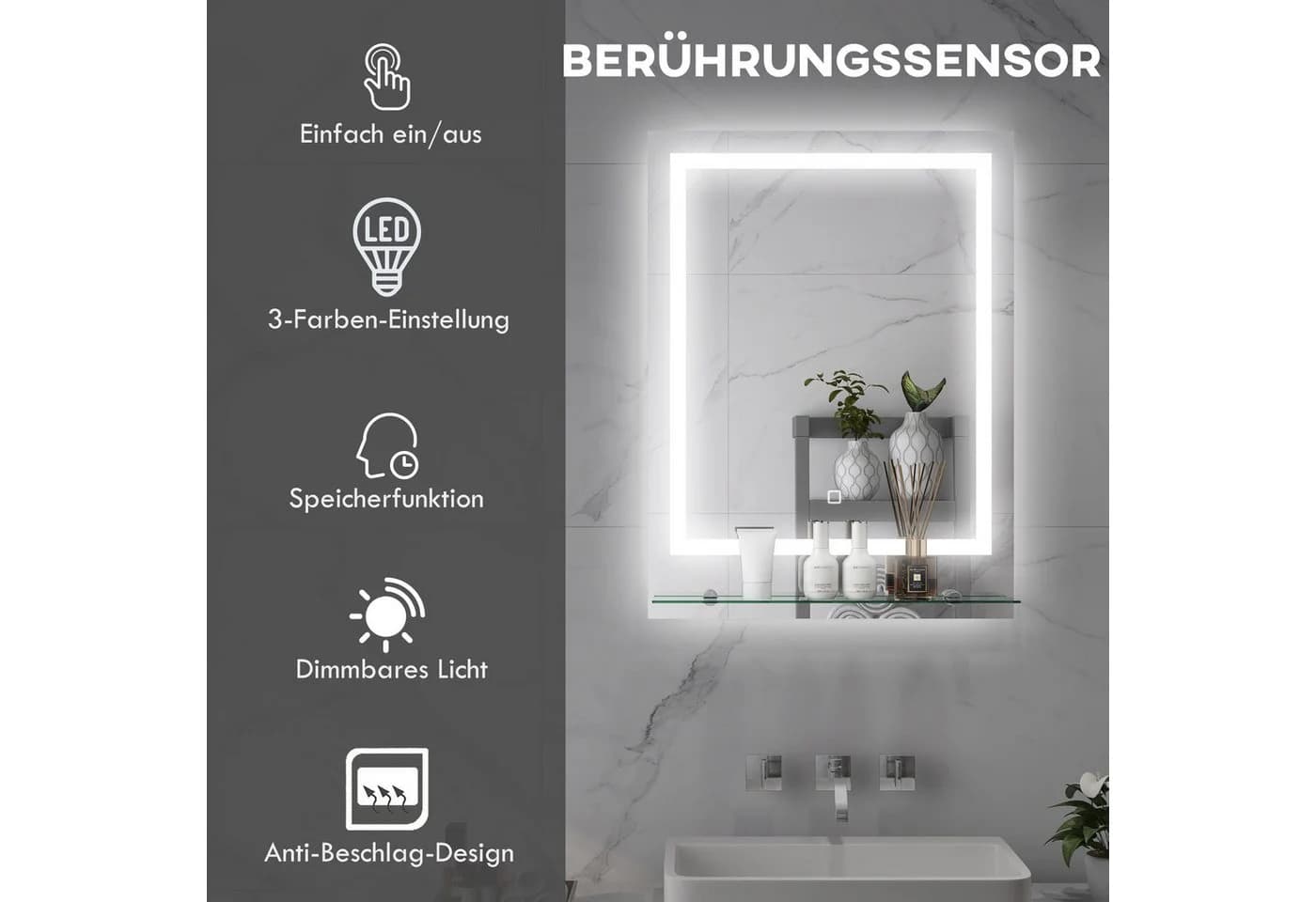 Kleankin Spiegel mit Beleuchtung, Touch-Schalter, Memory-Funktion, Anti-Beschlag, 70 x 50 cm - Bild 4