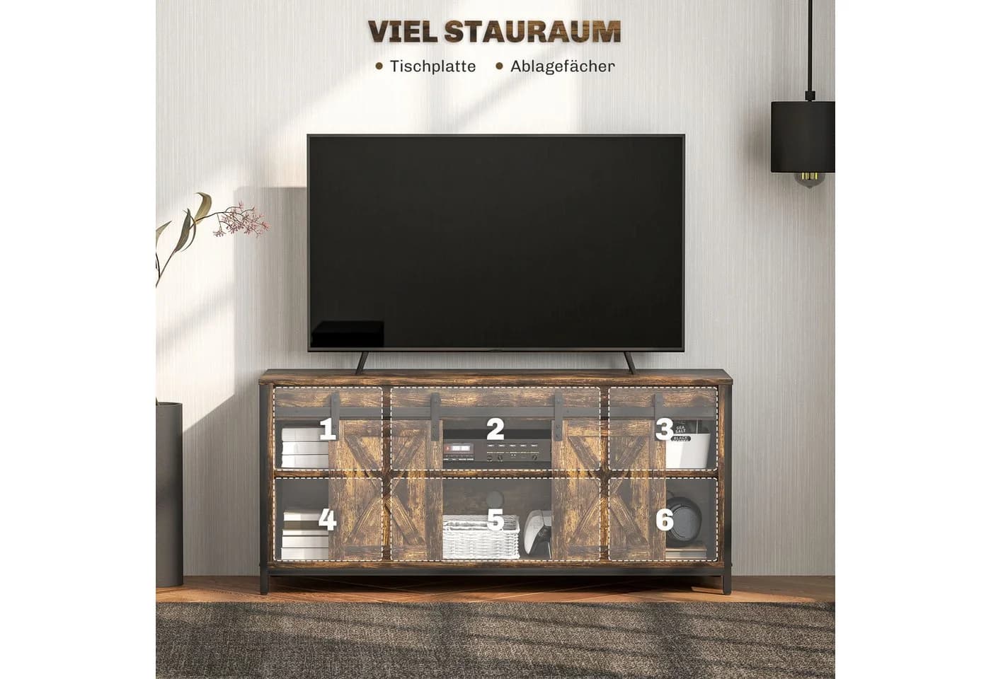 HOMCOM TV-Board Braun Schwarz mit 2 Schränken und 6 Fächern - Bild 4