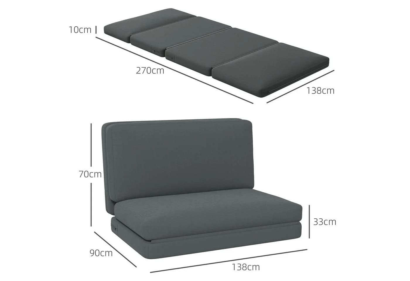HOMCOM Sitzkissen 3-in-1 Klappbar Schlafsofa Samtoptik Dunkelgrau - Bild 3