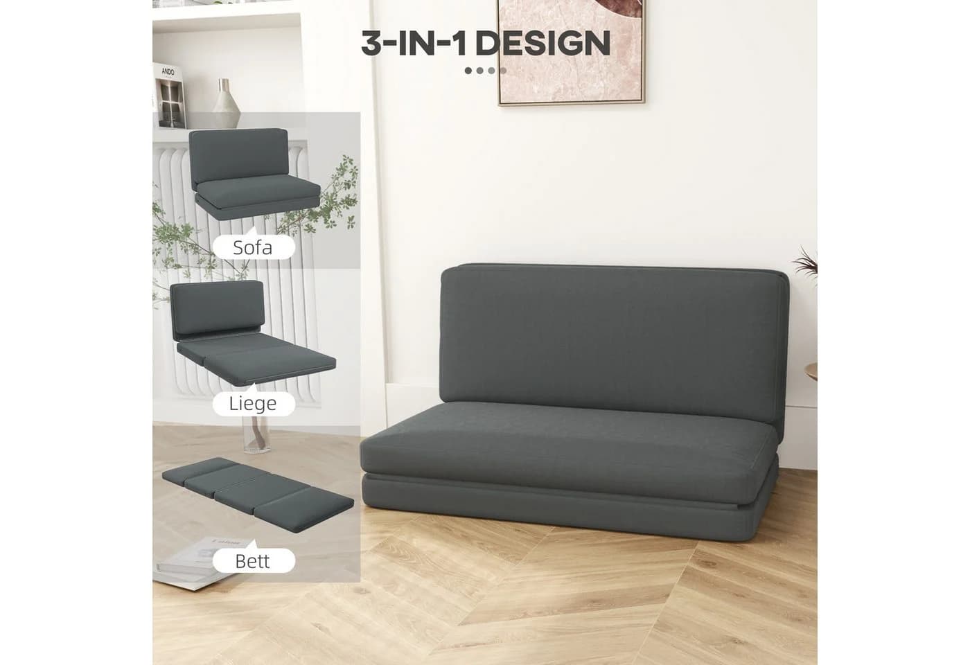 HOMCOM Sitzkissen 3-in-1 Klappbar Schlafsofa Samtoptik Dunkelgrau - Bild 4