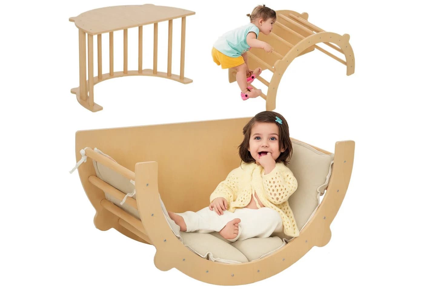 AIYAPLAY Klettergerüst 3-in-1 Set Naturholz Kletterbogen Tisch Wippe