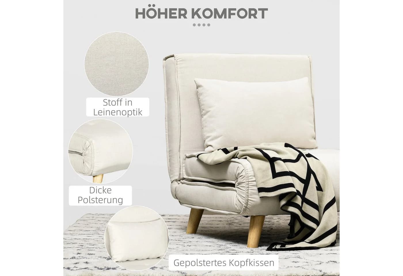 HOMCOM Schlafsofa Klappsessel mit Bettfunktion Cremeweiß - Bild 4
