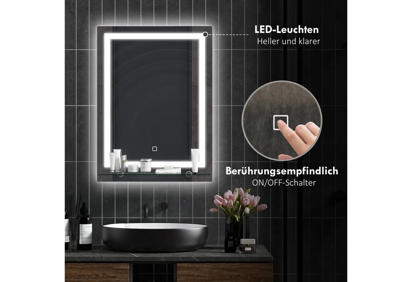 Kleankin LED Badspiegel Silber mit Beleuchtung und Ablage - Bild 4