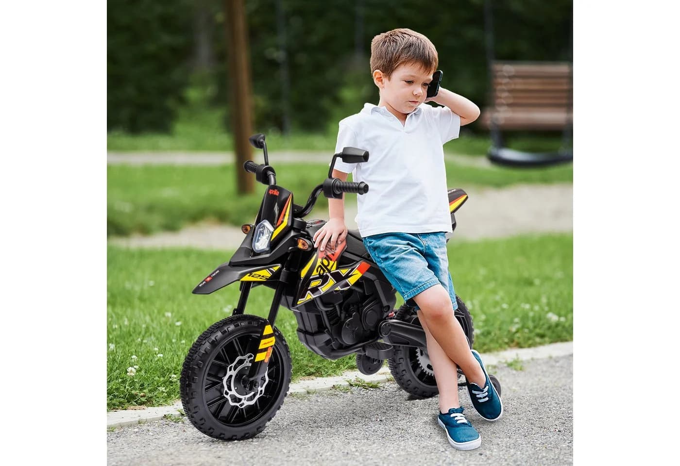 AIYAPLAY Elektro-Kindermotorrad 12V Gelb mit Musik und Stützrädern - Bild 2