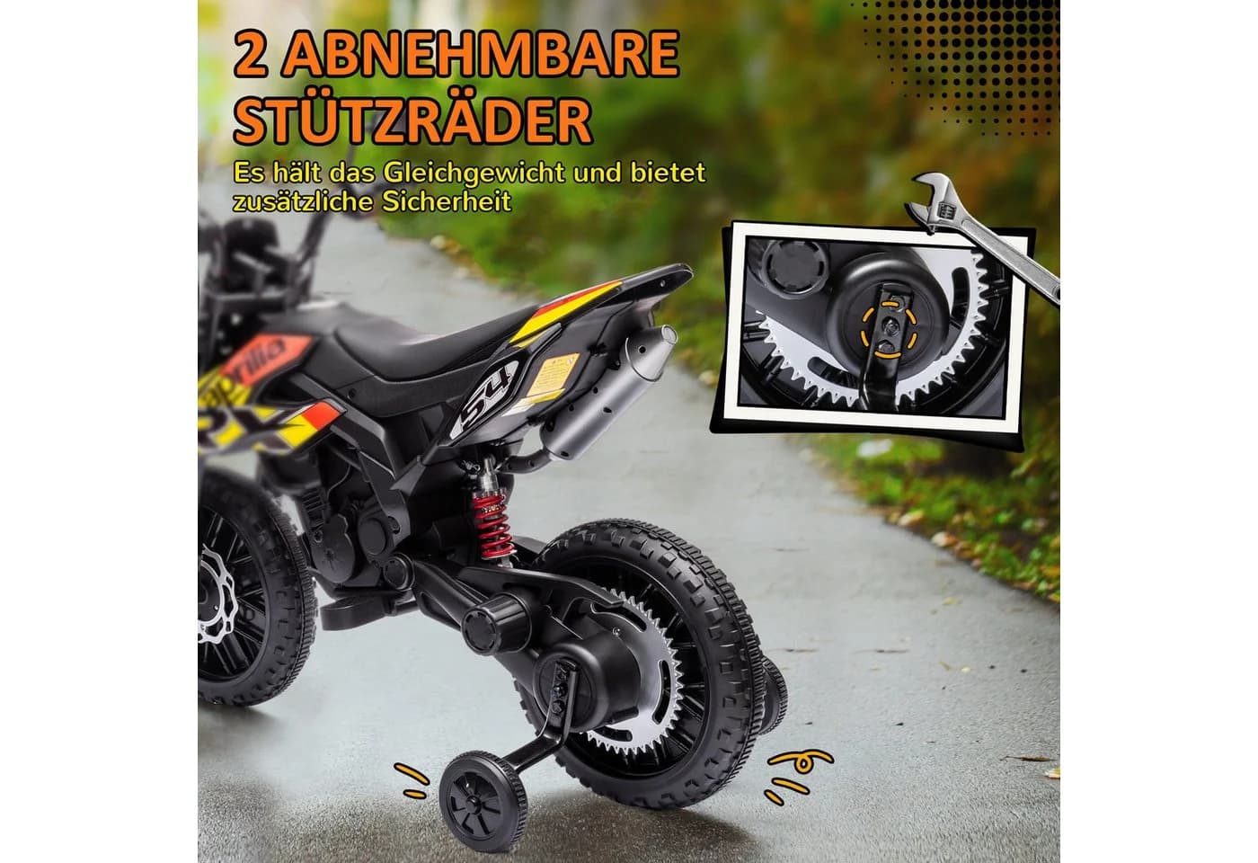 AIYAPLAY Elektro-Kindermotorrad 12V Gelb mit Musik und Stützrädern - Bild 5