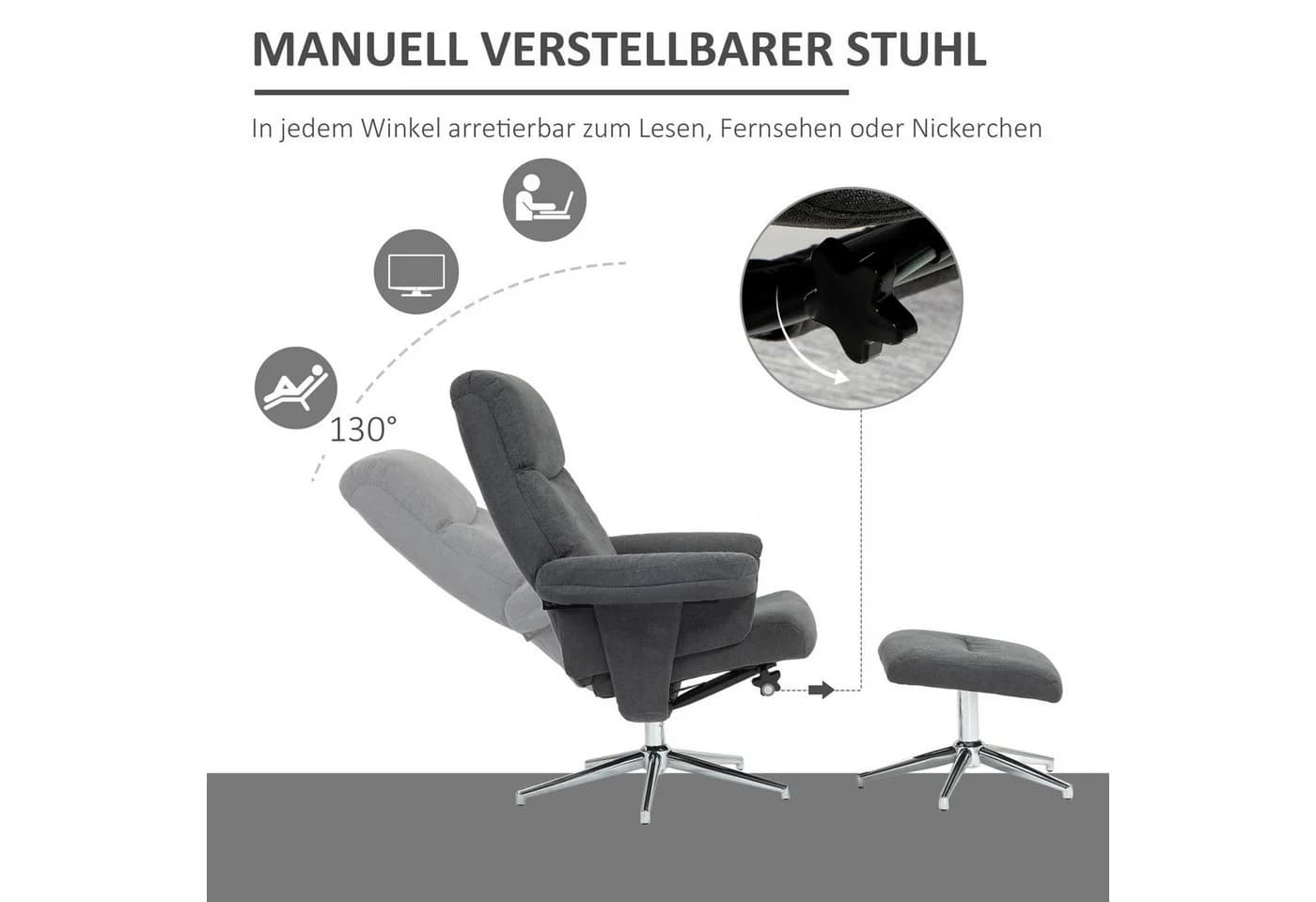 HOMCOM Relaxsessel mit Hocker, gepolstert, Samtoptik, Dunkelgrau - Bild 4