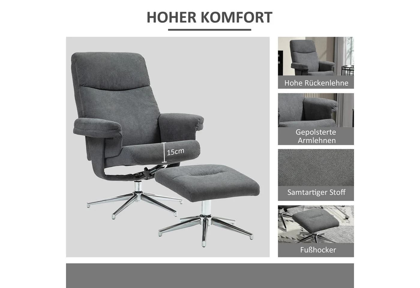HOMCOM Relaxsessel mit Hocker, gepolstert, Samtoptik, Dunkelgrau - Bild 5