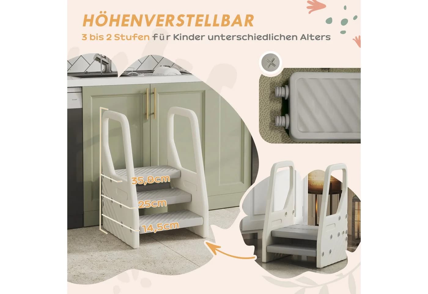 AIYAPLAY Tritthocker höhenverstellbar, Anti-Rutsch, für Kinder 2-5 Jahre, Grau - Bild 4