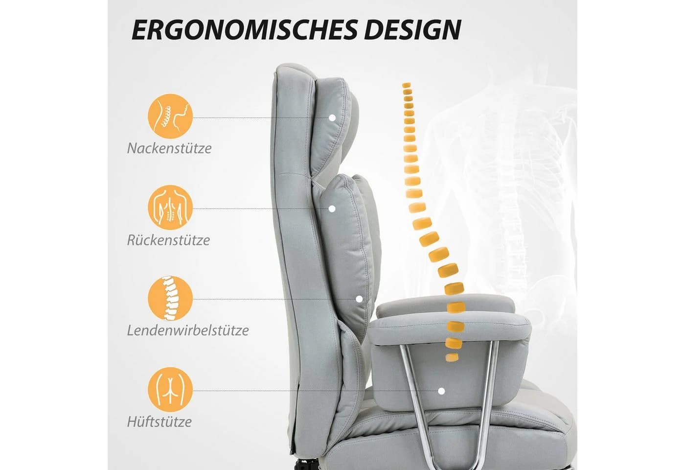 HOMCOM Schreibtischstuhl mit Liegefunktion, Fußstütze, ergonomisch, höhenverstellbar, Hellgrau - Bild 4