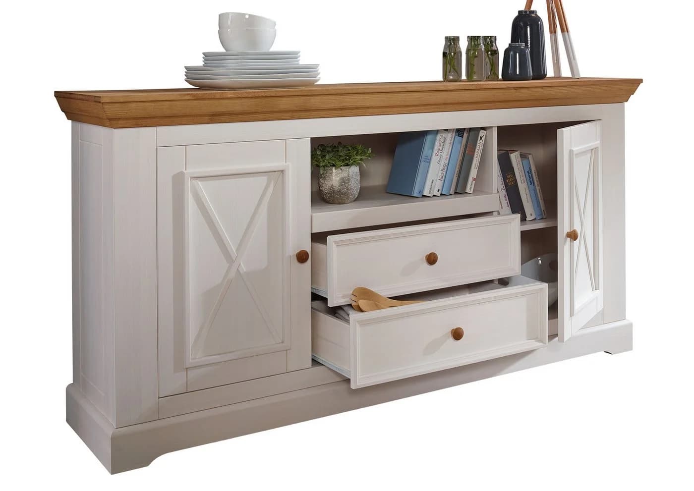 Woodroom Sideboard Oslo massiv Kiefer weiß gewachst