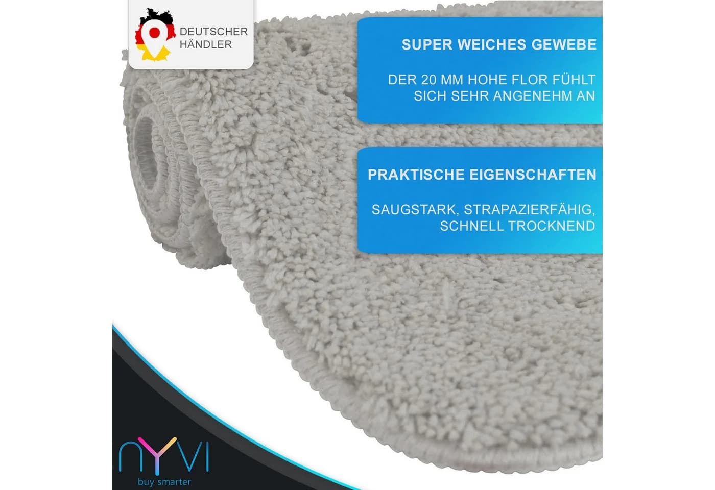 NYVI Badematte WC Vorleger Weiß 20mm Flor Polyester Rutschfest