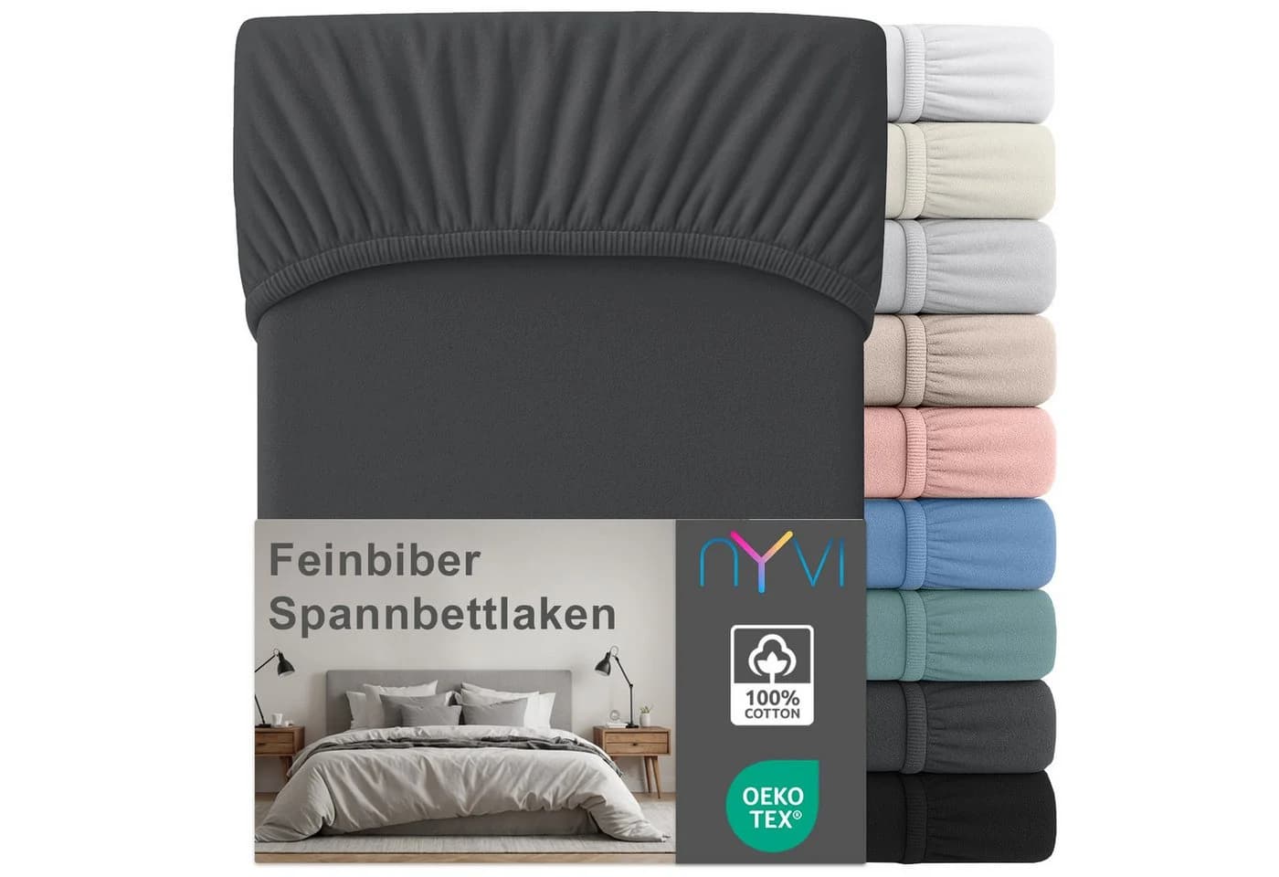 NYVI Feinbiber Spannbettlaken Deluxe 100% Baumwolle Anthrazit - Bild 2